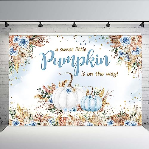 MEHOFOND 7x5ft Boho Fall Autumn Baby Shower Backdrop A Sweet Little Pumpkin is on The Way Pumpkin Background for Boys Blue Watercolor Newborn Baby Party Decorations Photo Booth Props