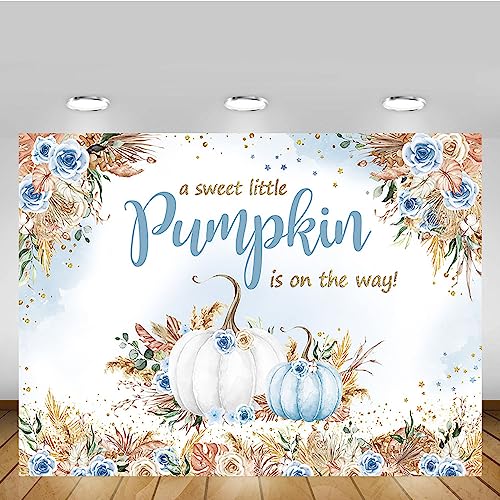 MEHOFOND 7x5ft Boho Fall Autumn Baby Shower Backdrop A Sweet Little Pumpkin is on The Way Pumpkin Background for Boys Blue Watercolor Newborn Baby Party Decorations Photo Booth Props