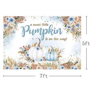 MEHOFOND 7x5ft Boho Fall Autumn Baby Shower Backdrop A Sweet Little Pumpkin is on The Way Pumpkin Background for Boys Blue Watercolor Newborn Baby Party Decorations Photo Booth Props