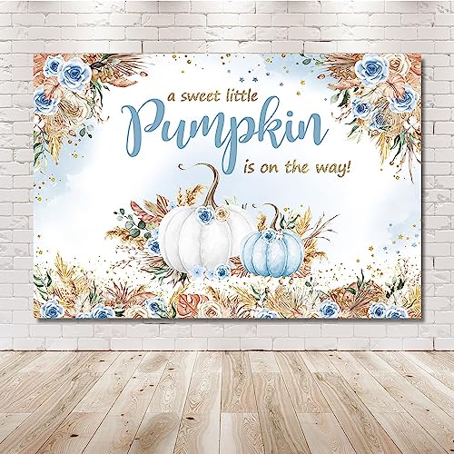 MEHOFOND 7x5ft Boho Fall Autumn Baby Shower Backdrop A Sweet Little Pumpkin is on The Way Pumpkin Background for Boys Blue Watercolor Newborn Baby Party Decorations Photo Booth Props