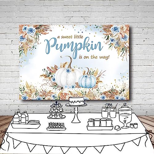 MEHOFOND 7x5ft Boho Fall Autumn Baby Shower Backdrop A Sweet Little Pumpkin is on The Way Pumpkin Background for Boys Blue Watercolor Newborn Baby Party Decorations Photo Booth Props