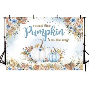 MEHOFOND 7x5ft Boho Fall Autumn Baby Shower Backdrop A Sweet Little Pumpkin is on The Way Pumpkin Background for Boys Blue Watercolor Newborn Baby Party Decorations Photo Booth Props