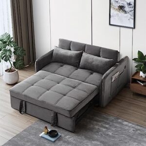 velvet pull out sleeper sofa bed with usb ports, convertible futon couch with adjustable backrest, 3 in 1 modern loveseat with 2 pockets and pillows, small love seat for living room, office, dark grey
