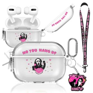 【with lock】 for airpods pro 2/pro case, scream & ghost airpods pro 2nd/1st generation case clear pc hard cover + soft silicone inner double protection with charm& lanyard& keychain for women girls