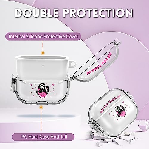【with Lock】 for Airpods Pro 2/Pro Case, Scream & Ghost AirPods Pro 2nd/1st Generation Case Clear PC Hard Cover + Soft Silicone Inner Double Protection with Charm& Lanyard& Keychain for Women Girls