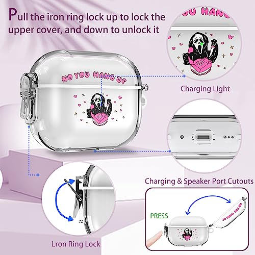 【with Lock】 for Airpods Pro 2/Pro Case, Scream & Ghost AirPods Pro 2nd/1st Generation Case Clear PC Hard Cover + Soft Silicone Inner Double Protection with Charm& Lanyard& Keychain for Women Girls