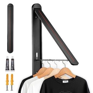 suneegral quality clothes drying rack wall mounted,laundry room folding organization storage,foldable hanging drying rod ultrathin small collapsible for space saving,65ibs capacity,aluminum(black)
