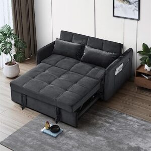 velvet pull out sleeper sofa bed with usb ports, convertible futon couch with adjustable backrest, 3 in 1 modern loveseat with 2 pockets and pillows, small love seat for living room, office, black