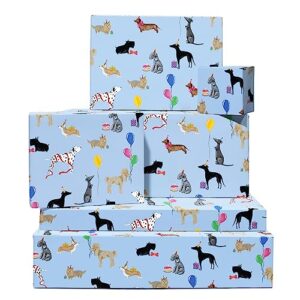 central 23 dog wrapping paper - 6 sheets of blue gift wrap - birthday dogs balloon - puppy pets - for men women kids - fur mom or dog dad - recyclable