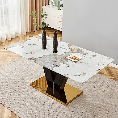 gopop 71'' Marble Dining Table,Modern Dining Room Table with Golden Stainless Steel Base.Marble Kitchen Table for 8 People, Ideal for Living Room Home Office