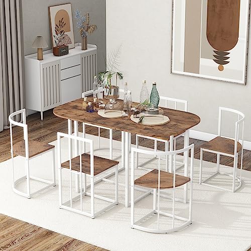 VilroCaz 7-Piece Dining Table Set with Metal Frame and Faux Marble Desktop, Compact Kitchen Table Set Furniture with Triangular Chair and Adjustable Feet for 6, Space Saving Design (White+Iron)