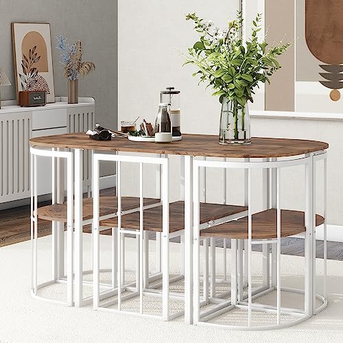 VilroCaz 7-Piece Dining Table Set with Metal Frame and Faux Marble Desktop, Compact Kitchen Table Set Furniture with Triangular Chair and Adjustable Feet for 6, Space Saving Design (White+Iron)