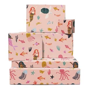 central 23 mermaid wrapping paper - 6 sheets of pink gift wrap - for kids baby girl - summer themed - ocean creatures - for birthday or baby shower - recyclable