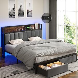 queen bed frames with drawers and storage headboard, queen platform bed frame with led light strip, upholstered bed frame queen size with 2 usb charging station, no box spring needed, easy assembly