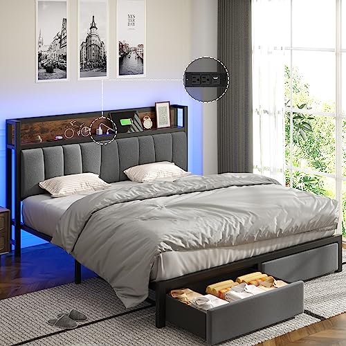 Queen Bed Frames with Drawers and Storage Headboard, Queen Platform Bed Frame with LED Light Strip, Upholstered Bed Frame Queen Size with 2 USB Charging Station, No Box Spring Needed, Easy Assembly