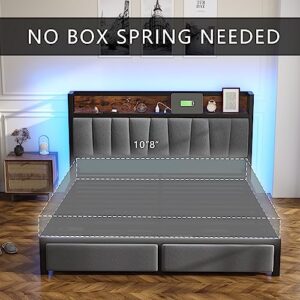 Queen Bed Frames with Drawers and Storage Headboard, Queen Platform Bed Frame with LED Light Strip, Upholstered Bed Frame Queen Size with 2 USB Charging Station, No Box Spring Needed, Easy Assembly