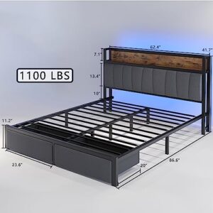 Queen Bed Frames with Drawers and Storage Headboard, Queen Platform Bed Frame with LED Light Strip, Upholstered Bed Frame Queen Size with 2 USB Charging Station, No Box Spring Needed, Easy Assembly