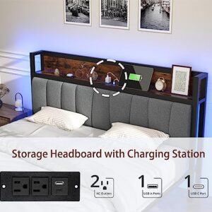 Queen Bed Frames with Drawers and Storage Headboard, Queen Platform Bed Frame with LED Light Strip, Upholstered Bed Frame Queen Size with 2 USB Charging Station, No Box Spring Needed, Easy Assembly