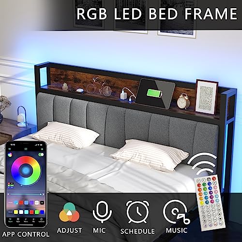 Queen Bed Frames with Drawers and Storage Headboard, Queen Platform Bed Frame with LED Light Strip, Upholstered Bed Frame Queen Size with 2 USB Charging Station, No Box Spring Needed, Easy Assembly