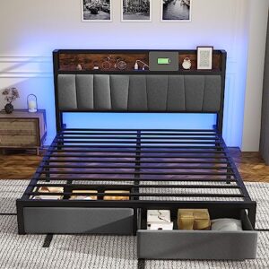 Queen Bed Frames with Drawers and Storage Headboard, Queen Platform Bed Frame with LED Light Strip, Upholstered Bed Frame Queen Size with 2 USB Charging Station, No Box Spring Needed, Easy Assembly