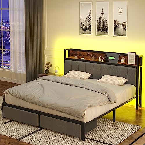 Queen Bed Frames with Drawers and Storage Headboard, Queen Platform Bed Frame with LED Light Strip, Upholstered Bed Frame Queen Size with 2 USB Charging Station, No Box Spring Needed, Easy Assembly