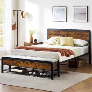alkmaar queen size platform bed frame with 2 storage drawers and headboard, bed frame with safe rounded corners & strong metal slats support, mattress foundation with storage no box spring needed
