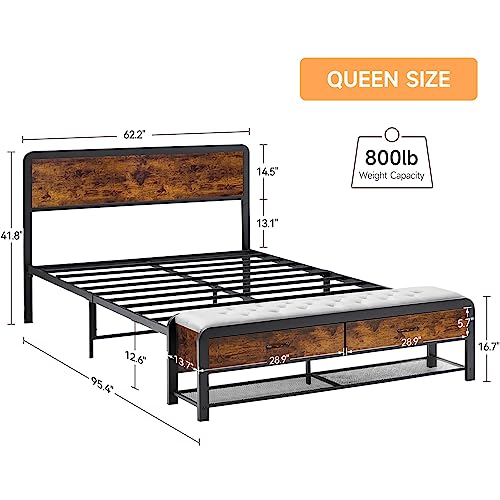 Alkmaar Queen Size Platform Bed Frame with 2 Storage Drawers and Headboard, Bed Frame with Safe Rounded Corners & Strong Metal Slats Support, Mattress Foundation with Storage No Box Spring Needed