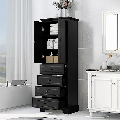 JIVOIT Bathroom Storage Cabinet with 2 Doors and 4 Drawers, Freestanding Floor Storage Cabinet with Adjustable Shelf for Bathroom, Office, MDF Board with Painted Finish (Black-2 Doors and 4 Drawers)