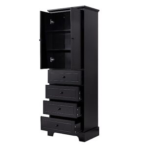 JIVOIT Bathroom Storage Cabinet with 2 Doors and 4 Drawers, Freestanding Floor Storage Cabinet with Adjustable Shelf for Bathroom, Office, MDF Board with Painted Finish (Black-2 Doors and 4 Drawers)