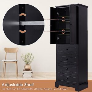 JIVOIT Bathroom Storage Cabinet with 2 Doors and 4 Drawers, Freestanding Floor Storage Cabinet with Adjustable Shelf for Bathroom, Office, MDF Board with Painted Finish (Black-2 Doors and 4 Drawers)