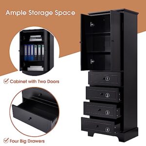 JIVOIT Bathroom Storage Cabinet with 2 Doors and 4 Drawers, Freestanding Floor Storage Cabinet with Adjustable Shelf for Bathroom, Office, MDF Board with Painted Finish (Black-2 Doors and 4 Drawers)