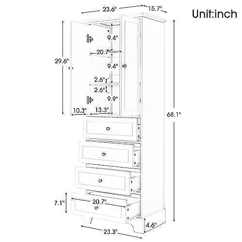 JIVOIT Bathroom Storage Cabinet with 2 Doors and 4 Drawers, Freestanding Floor Storage Cabinet with Adjustable Shelf for Bathroom, Office, MDF Board with Painted Finish (Black-2 Doors and 4 Drawers)