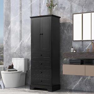 JIVOIT Bathroom Storage Cabinet with 2 Doors and 4 Drawers, Freestanding Floor Storage Cabinet with Adjustable Shelf for Bathroom, Office, MDF Board with Painted Finish (Black-2 Doors and 4 Drawers)