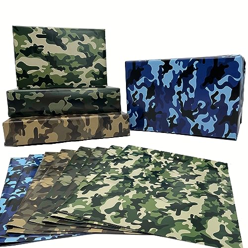 Dtiafu Camo Wrapping Paper for Men Boys Kids - Army Wrapping Paper for Birthday Veterans Day - 4 Style Green Blue Camouflage Gift Wrap - 20 X 28inch Per Sheet(8 Sheet Folded Flat)