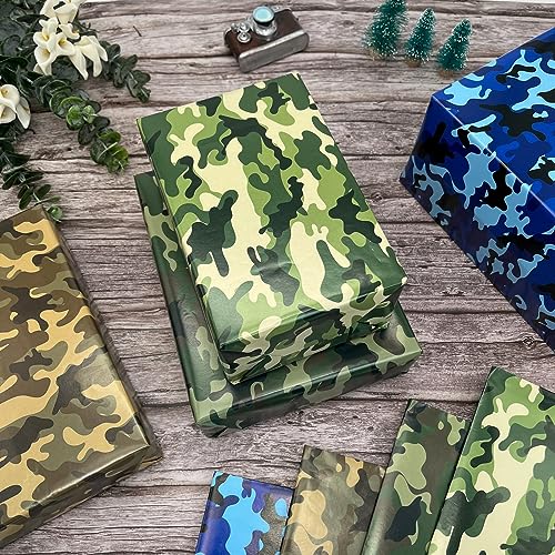 Dtiafu Camo Wrapping Paper for Men Boys Kids - Army Wrapping Paper for Birthday Veterans Day - 4 Style Green Blue Camouflage Gift Wrap - 20 X 28inch Per Sheet(8 Sheet Folded Flat)