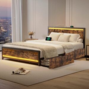 Full Size Bed Frame with 4 Storage Drawers, Metal Platform Storage Bed, LED Bed Frame with Headboard and Charging Station, Rustic Wood Platform Bed with Storage, Easy Assemble, No Need Box Spring