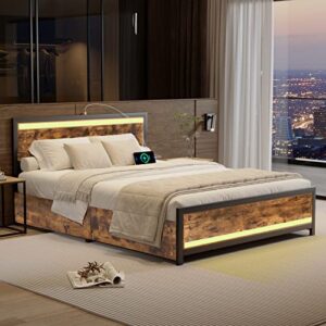 Full Size Bed Frame with 4 Storage Drawers, Metal Platform Storage Bed, LED Bed Frame with Headboard and Charging Station, Rustic Wood Platform Bed with Storage, Easy Assemble, No Need Box Spring