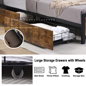 Full Size Bed Frame with 4 Storage Drawers, Metal Platform Storage Bed, LED Bed Frame with Headboard and Charging Station, Rustic Wood Platform Bed with Storage, Easy Assemble, No Need Box Spring