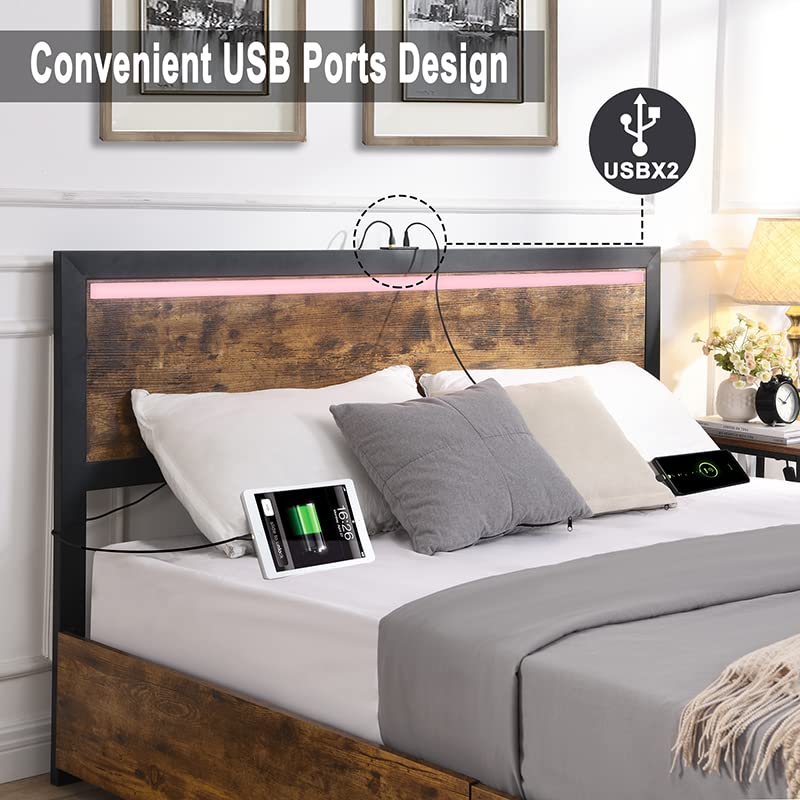 Full Size Bed Frame with 4 Storage Drawers, Metal Platform Storage Bed, LED Bed Frame with Headboard and Charging Station, Rustic Wood Platform Bed with Storage, Easy Assemble, No Need Box Spring
