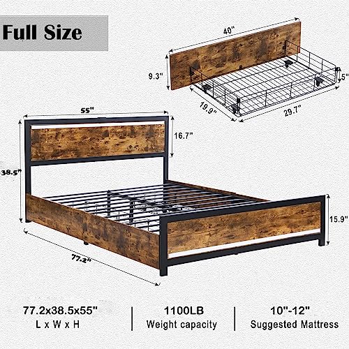 Full Size Bed Frame with 4 Storage Drawers, Metal Platform Storage Bed, LED Bed Frame with Headboard and Charging Station, Rustic Wood Platform Bed with Storage, Easy Assemble, No Need Box Spring