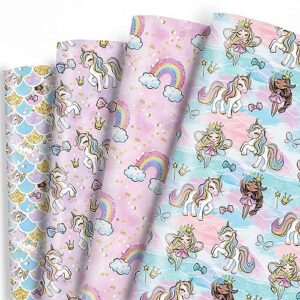 dtiafu unicorn wrapping paper - 12 sheets birthday wrapping paper for girls kids - unicorn princess rainbow mermaid scale gift wrap in pink purple - 20 x 28inch per sheet