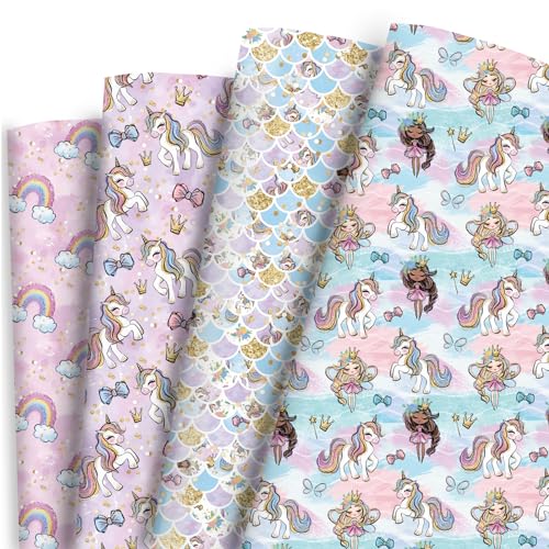 Dtiafu Unicorn Wrapping Paper - 12 Sheets Birthday Wrapping Paper for Girls Kids - Unicorn Princess Rainbow Mermaid Scale Gift Wrap in Pink Purple - 20 X 28inch Per Sheet