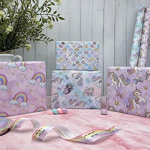 Dtiafu Unicorn Wrapping Paper - 12 Sheets Birthday Wrapping Paper for Girls Kids - Unicorn Princess Rainbow Mermaid Scale Gift Wrap in Pink Purple - 20 X 28inch Per Sheet