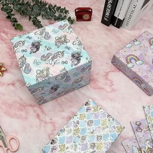 Dtiafu Unicorn Wrapping Paper - 12 Sheets Birthday Wrapping Paper for Girls Kids - Unicorn Princess Rainbow Mermaid Scale Gift Wrap in Pink Purple - 20 X 28inch Per Sheet