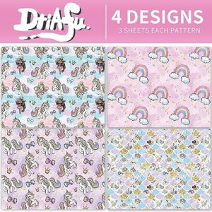 Dtiafu Unicorn Wrapping Paper - 12 Sheets Birthday Wrapping Paper for Girls Kids - Unicorn Princess Rainbow Mermaid Scale Gift Wrap in Pink Purple - 20 X 28inch Per Sheet