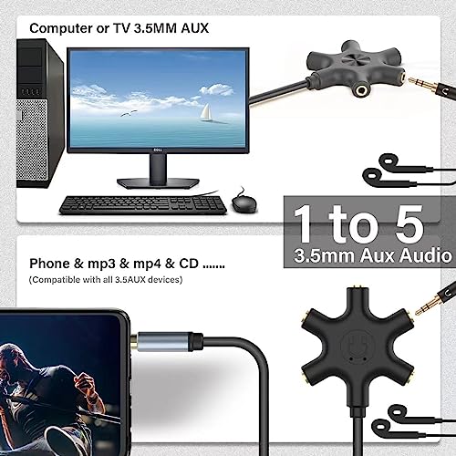 Multi Headphone Audio Splitter, 5-Way Jack 3.5mm Audio Stereo Headset Splitter Adapter, Headphone Splitter to Connect Up to 5 Devices for Audio Mixing, Shared Experiences - for iPhone, iPad & More