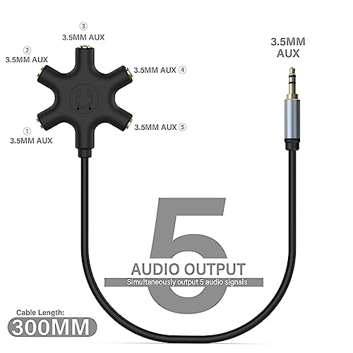 Multi Headphone Audio Splitter, 5-Way Jack 3.5mm Audio Stereo Headset Splitter Adapter, Headphone Splitter to Connect Up to 5 Devices for Audio Mixing, Shared Experiences - for iPhone, iPad & More