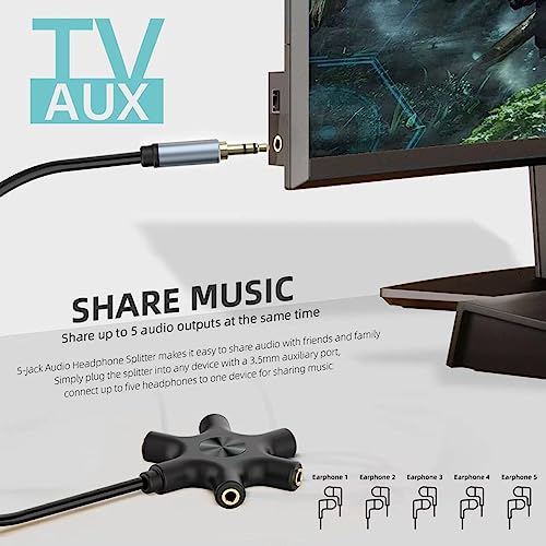 Multi Headphone Audio Splitter, 5-Way Jack 3.5mm Audio Stereo Headset Splitter Adapter, Headphone Splitter to Connect Up to 5 Devices for Audio Mixing, Shared Experiences - for iPhone, iPad & More