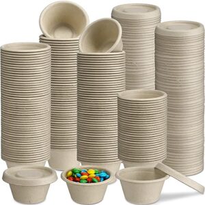 hsei 400 set 2oz disposable souffle cups with lids bagasse fiber condiment paper cups serving sample cups mini tasting cups for sauce salad snack charcuterie dessert serving, include 400 cups 400 lids