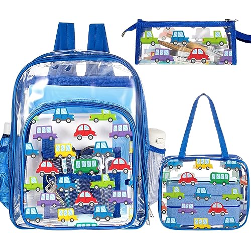 Eccliy Clear Backpack Stadium Approved Backpack 3 School Backpack for Girls Boys Christmas Clear Backpack Girls Boys Backpack (Blue, Car)